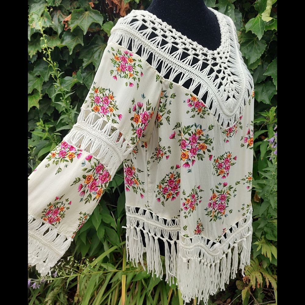 Shein Floral Print Crochet Trim, Open Stitch Women's Cover Up Summer Top, Poncho